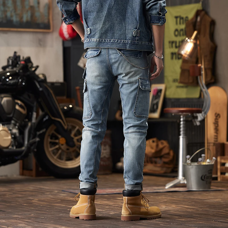 Retro Jeans Herrenmode neue High-End-Trend schmal geschnittene coole große Tasche Nähte Motorrad Skinny Hose