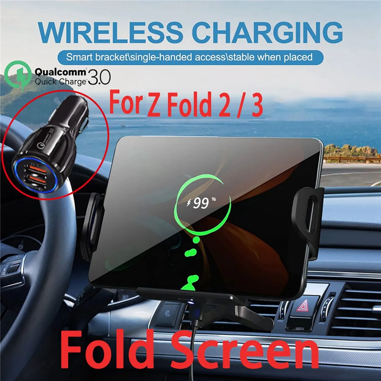 15W Wireless Car Charger Mount Holder Fast Phone Charger for Galaxy Z Fold 3 2 12 Max X