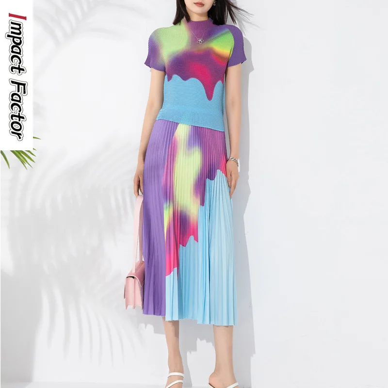 

Pleated Fashion Set Women's Summer New Print Half High Neck Elastic Short Sleeve Top High Waist Drop Half Skirt Two Piece Set