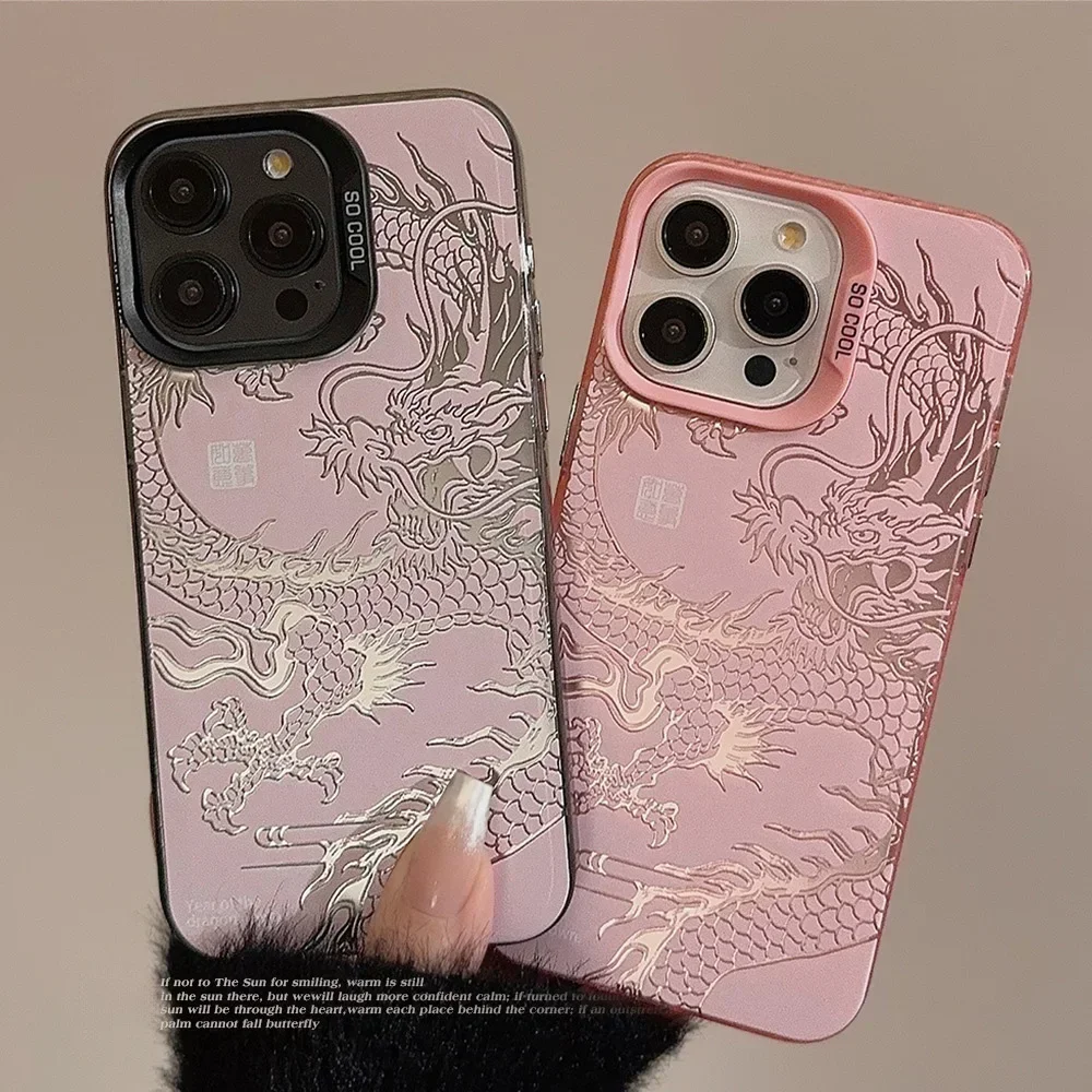 Luxury Dragon Embossed Phone Case for iPhone 15 Pro Max Plus 14 13 12 11 Pink Purple Green Black White Shockproof Phone Cover