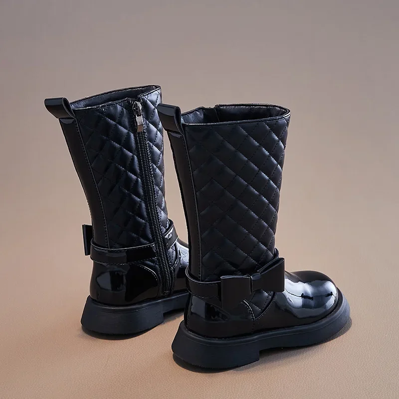 Girls Black Boots Glossy 2024 Side Zipper Children High Boots Bow Kids Versatile Casual Shoes for Catwalk Britain Style Non-slip