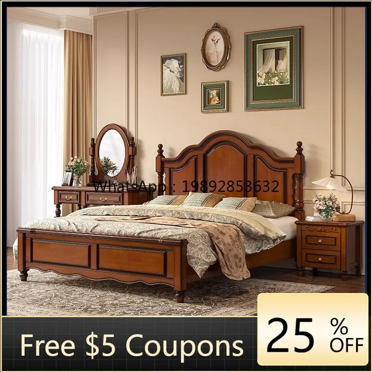 

LYY American Country Style Solid Wood Bed Master Bedroom 1.8m Natural Wood Furniture European Simple High Box Storage Double