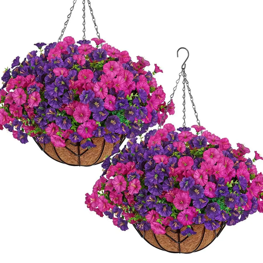 

Artificial Hanging Flowers Plants Basket for Outdoors Indoor, 2 Set Faux Silk Purple Fuchsia Morning Glory Fake Eucalyptus Plant