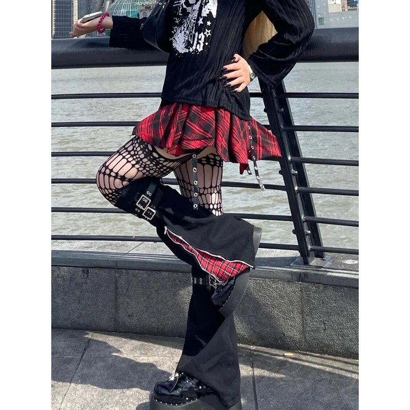 

PBAP Denim Stitch Red Plaid Full-zip Leg Warmers Women Leather Belt Black Wash Flare Knee Long Boots Cover Retro Punk Streetwear