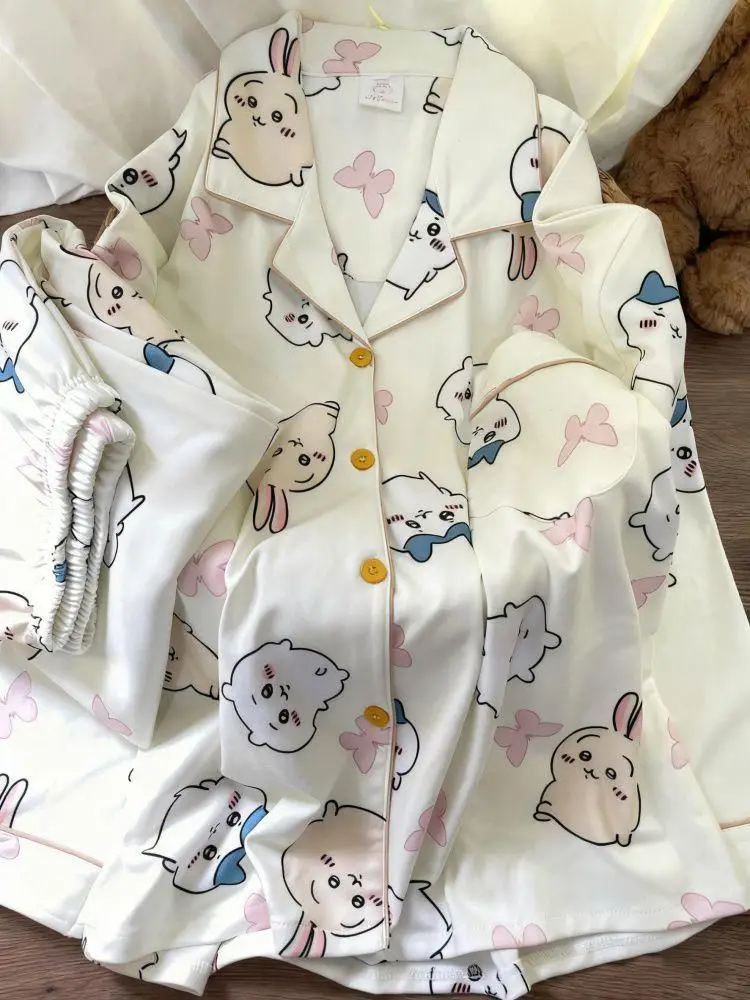 Cartoon Hachiware Autumn Long Sleeve Pants 2Pcs Cute Chiikawa Women Pajamas Suit Cotton Thickened Anime Cartoon Girls Homewear