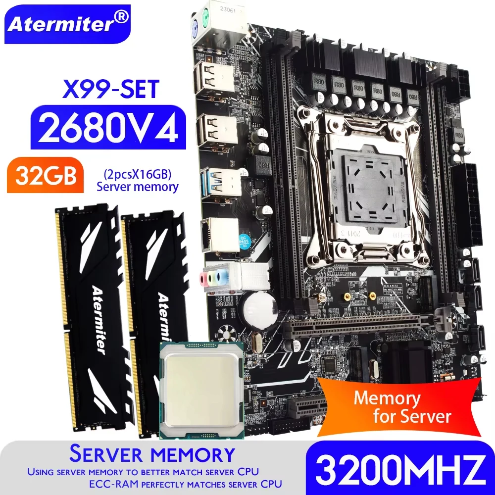 Atermiter X99 AR9 Motherboard Set with Xeon E5 2680 V4 CPU LGA 2011-3 Processor DDR4 32GB  2 X 16GB 3200MHz Memory REG ECC RAM