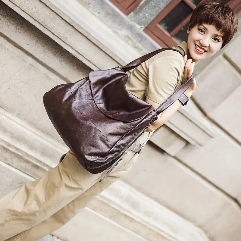 Women's Leather Tote Shoulder Genuine Bag Crossbody Y2k New Style Head Layer Cowhide Versatile Underarm Large Capacity Retro