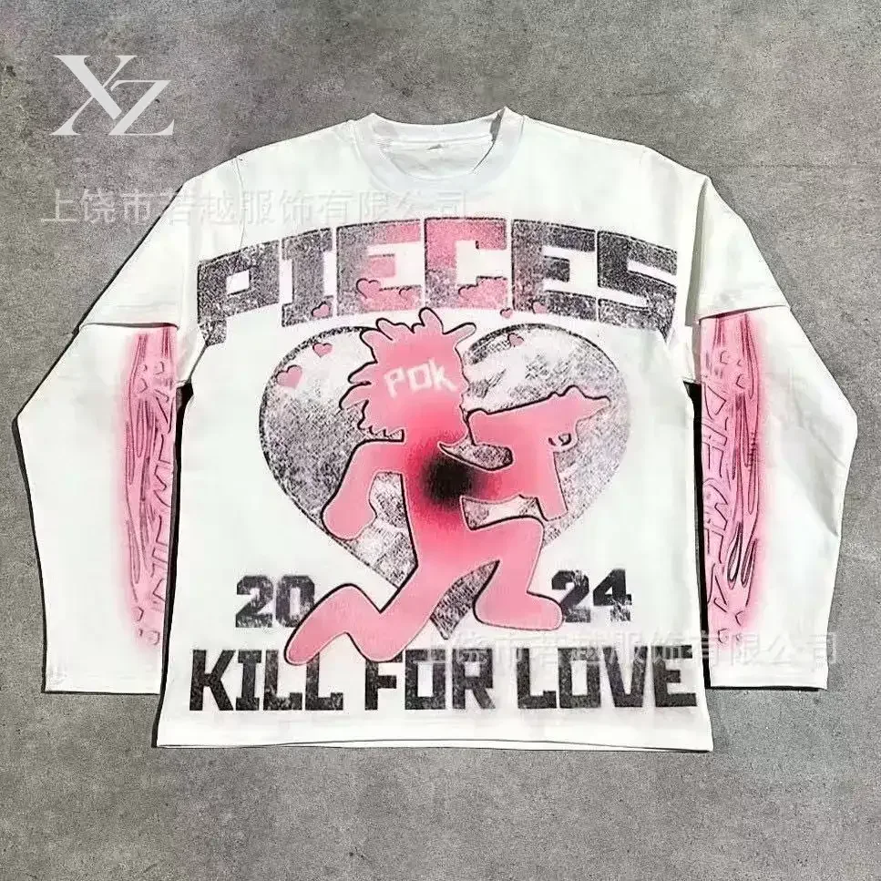 Gothic Fake Two Piece Long Sleeve Red Eye Pattern Spliced T Shirt Autumn Popular Select Dark Punk Fashion Cotton Tops