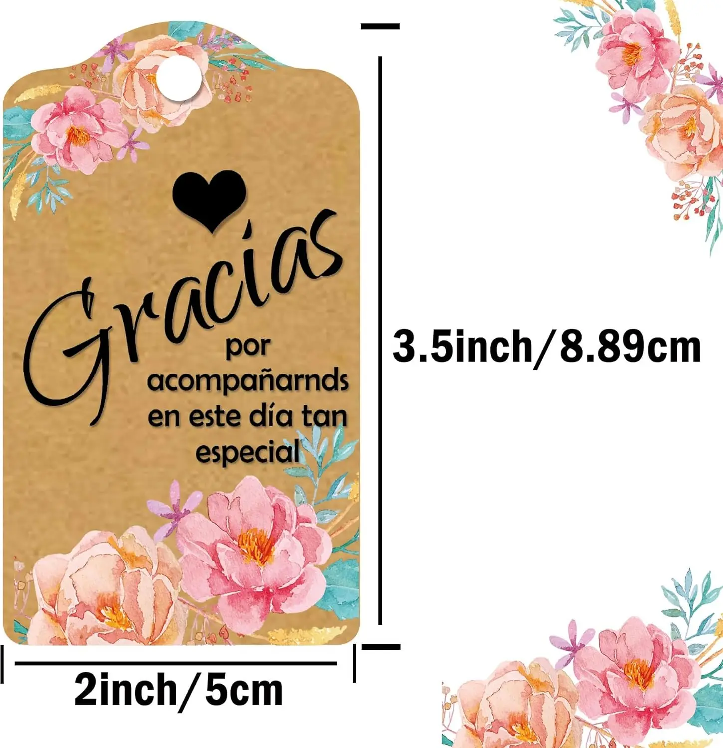 Kraft Gracias Wedding Favor Gift Thank You Tag with Hanging Strings 2x3.5Inch Bouquet Gracias Spanish Wedding Favor Tags 50Pcs