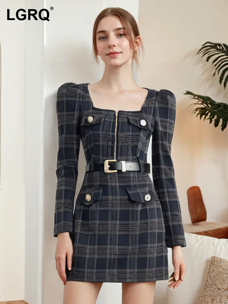 

LGRQ Women's Plaid Lace-up Dresses Square Collar High Waist Long Sleeve Slim Elegant Dress Female Autumn 2024 New 36A3360