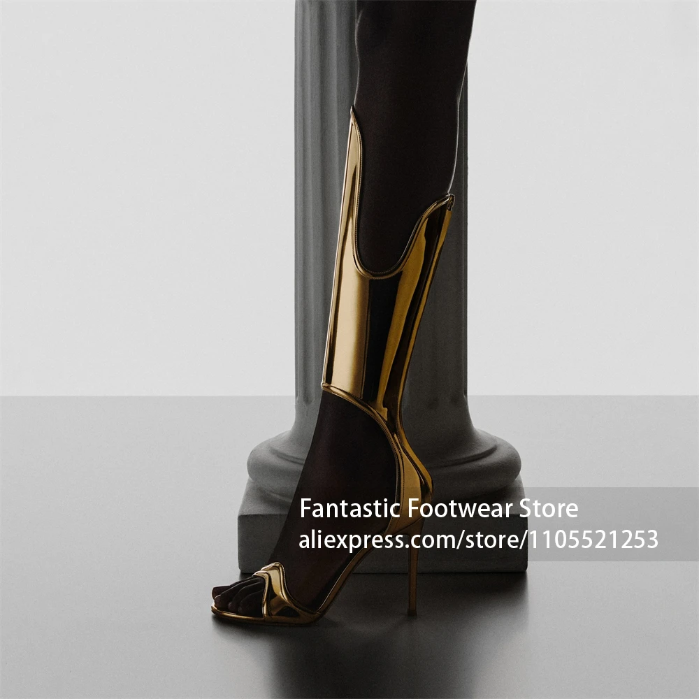 

Metallic Gold Ankle Cuff Stiletto Sandals Boots Open Toe High Heels Wavy Strap Back Zipper Summer Shoes Custom Handmade Heels