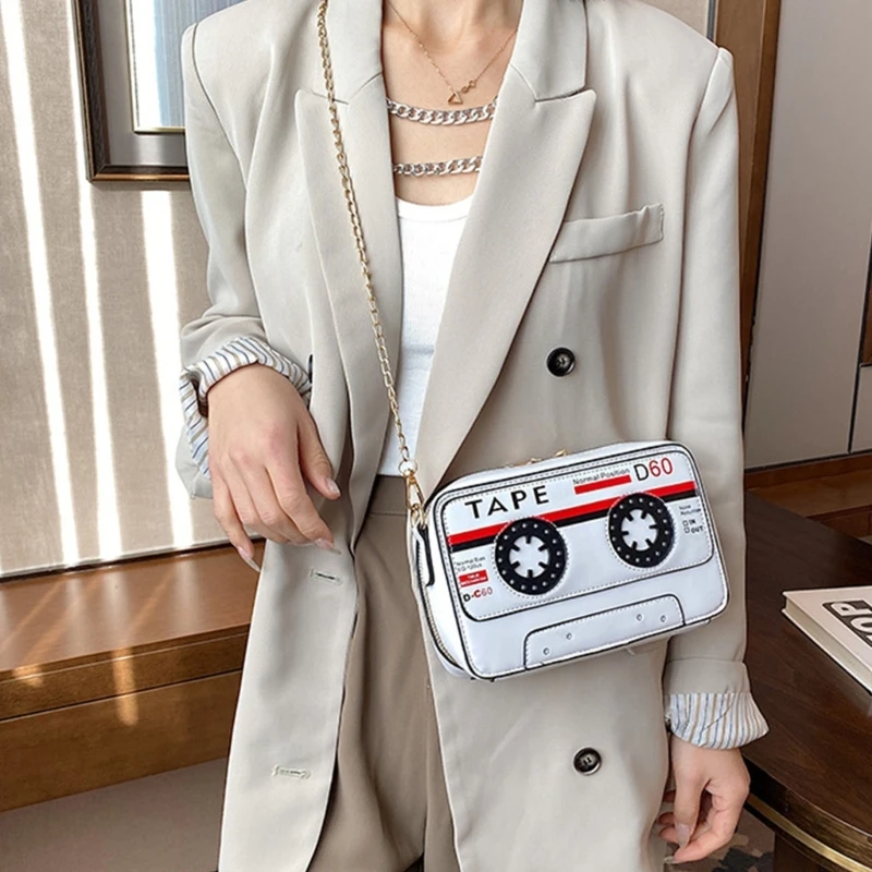 Retro Tape Shaped Shoulder Bag Women PU Leather Cassette Crossbody Phone Pouch Lady Casual Travel Chain Shopping Handbag Tote