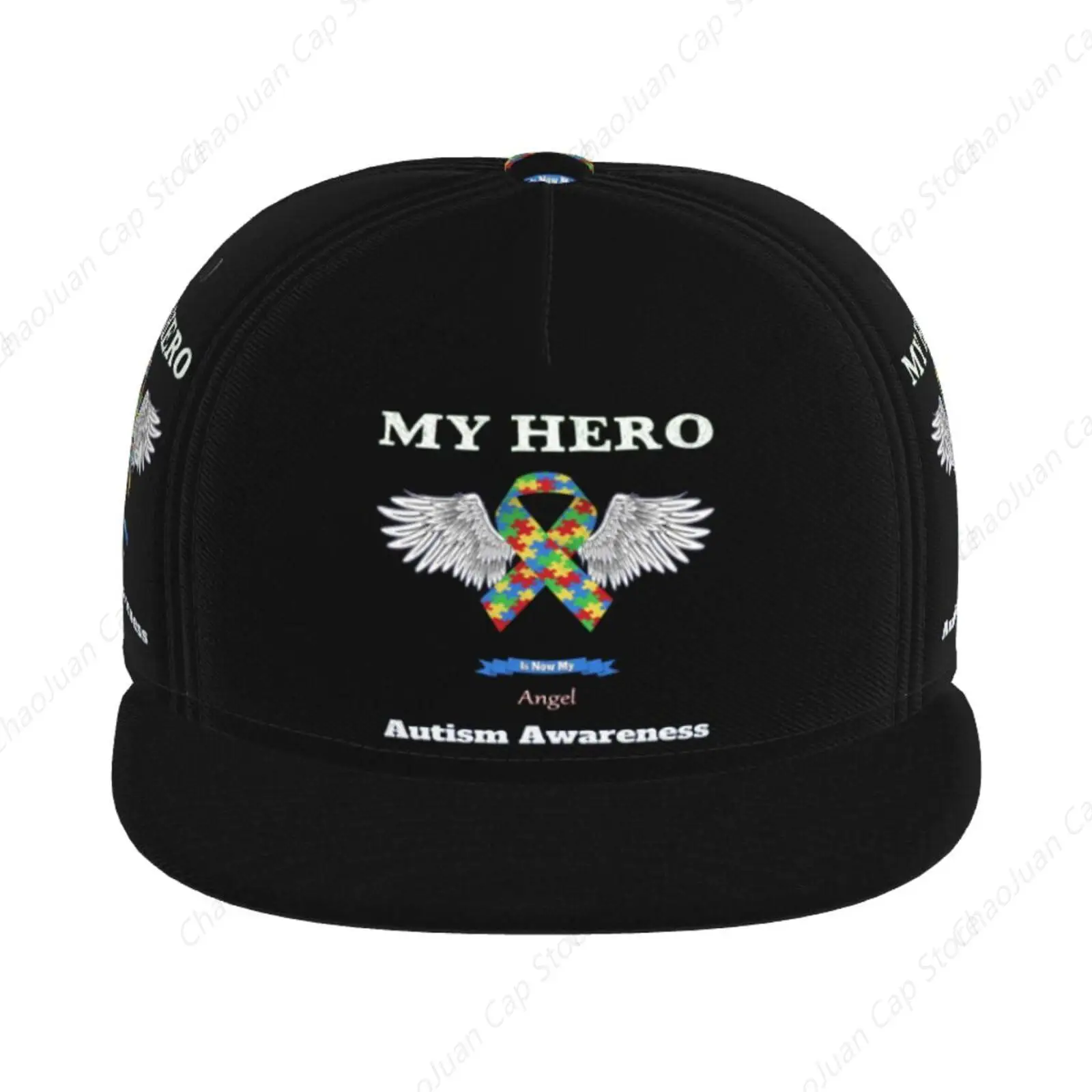 My Hero is Now My Angel Autism Awareness Four-Sided Printing Flat Bill Brim Baseball Caps Cool Hip Hop Trucker Hats Men Women
