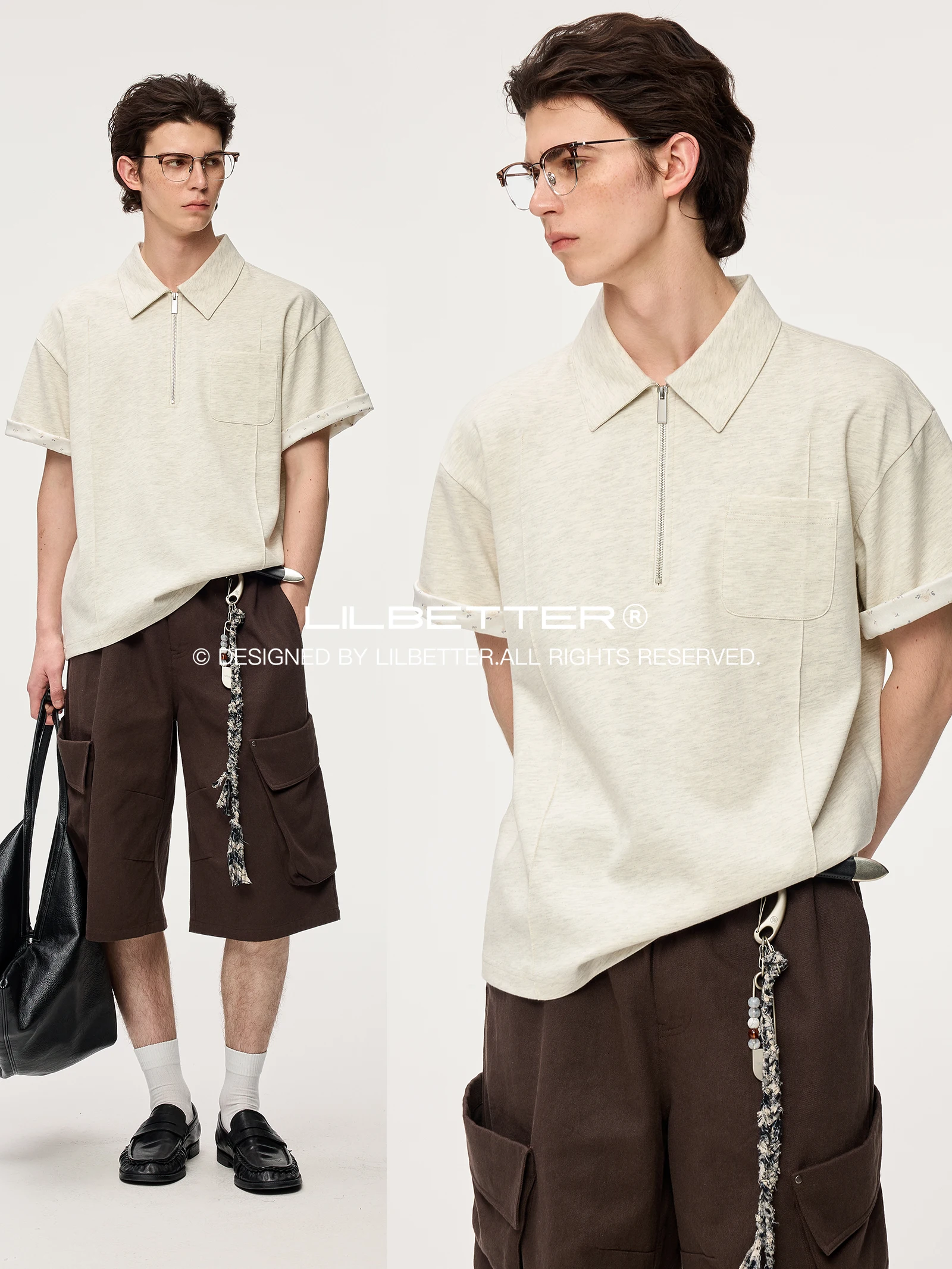 Lilbetter Knitted  Shirt Half Zip Loose Short Sleeve Summer Fashion Casual Urban Style Cotton Polyester Blend Zipper Sleeve