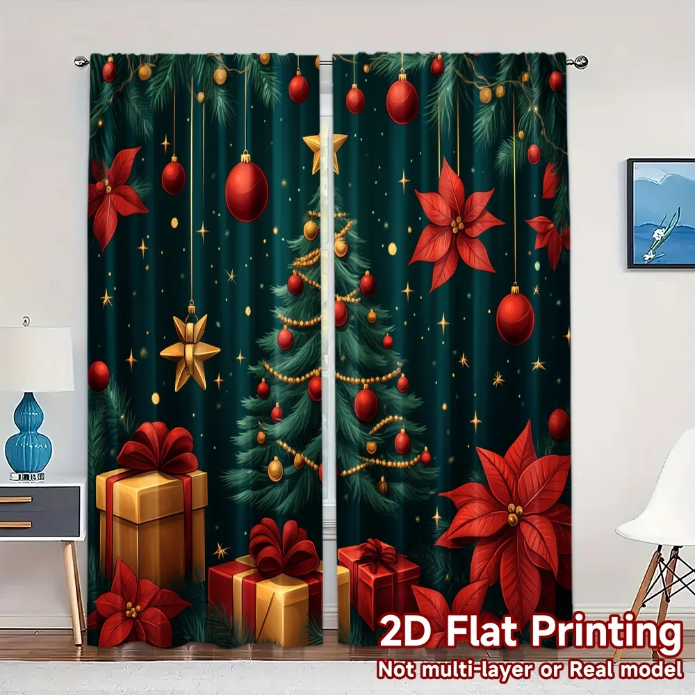 2pcs,Curtains Christmas Tree Ornaments Festive Garland (2) Pattern Popular Curtains Fabric Curtains Outdoor Decorations Ldeal