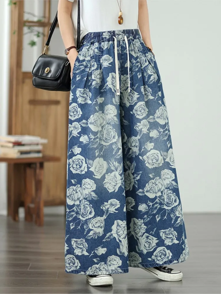 特大ジーンズ弾性ハイウエスト夏のパンツ女性の花花柄 Modis 女性のズボンカジュアルルーズワイドレッグ女性パンツ