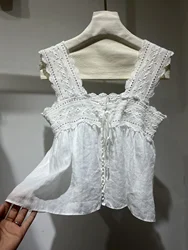 White Lace Patchwork Floral Sleeveless Blouse Tops Bow Sweet Lady 2024 Summer Woman Clothing