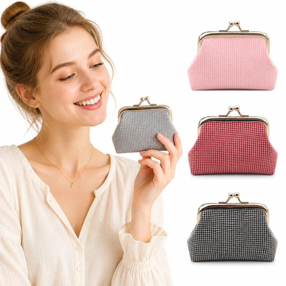 New Cotton Coin Purse Hasp Closure Multifunctional Cosmetic Bag Retro Plaid Small Lipstick Pouch Key Storage Purse