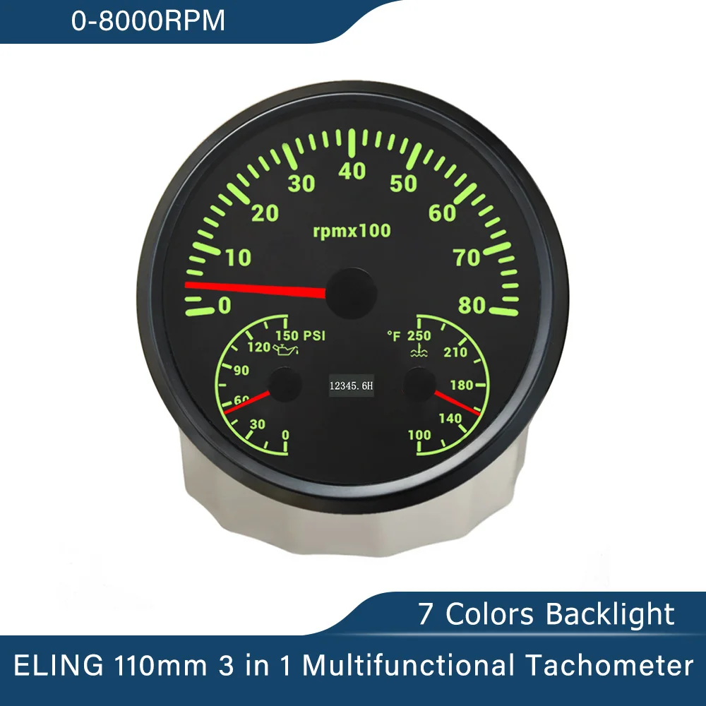 ELING 110mm Car Boat Truck 3in1 Multi-function 0-6000RPM 0-8000RPM Tachometer with Oil Pressure Water Temp 7 Colors Backlight