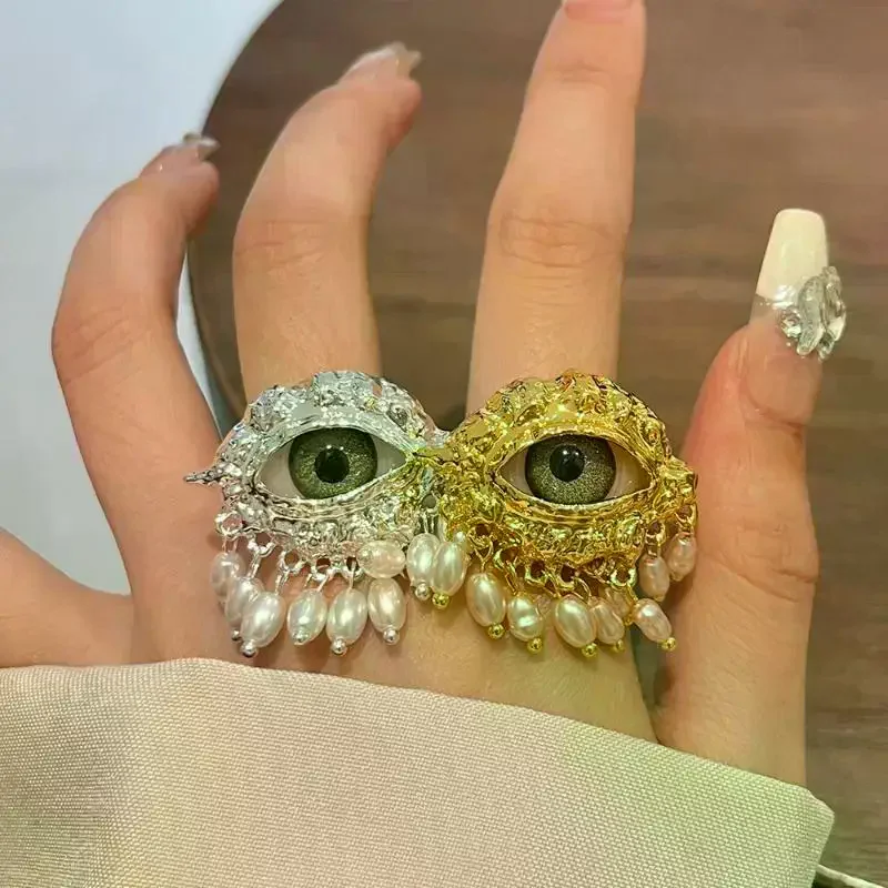 Jewelry Vintage Big Eye Ring Delicate Imitated Pearl Glaze Ring Tassels Exaggerated Opening Finger Ring Party Favors