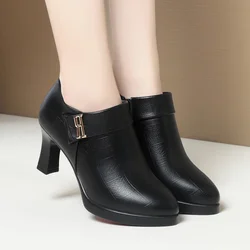 Spring Autumn Versatile Soft Leather Shoes Women Elegant Deep Mouth Spike Heels Office Business Dress Waterproof Platform Shoes