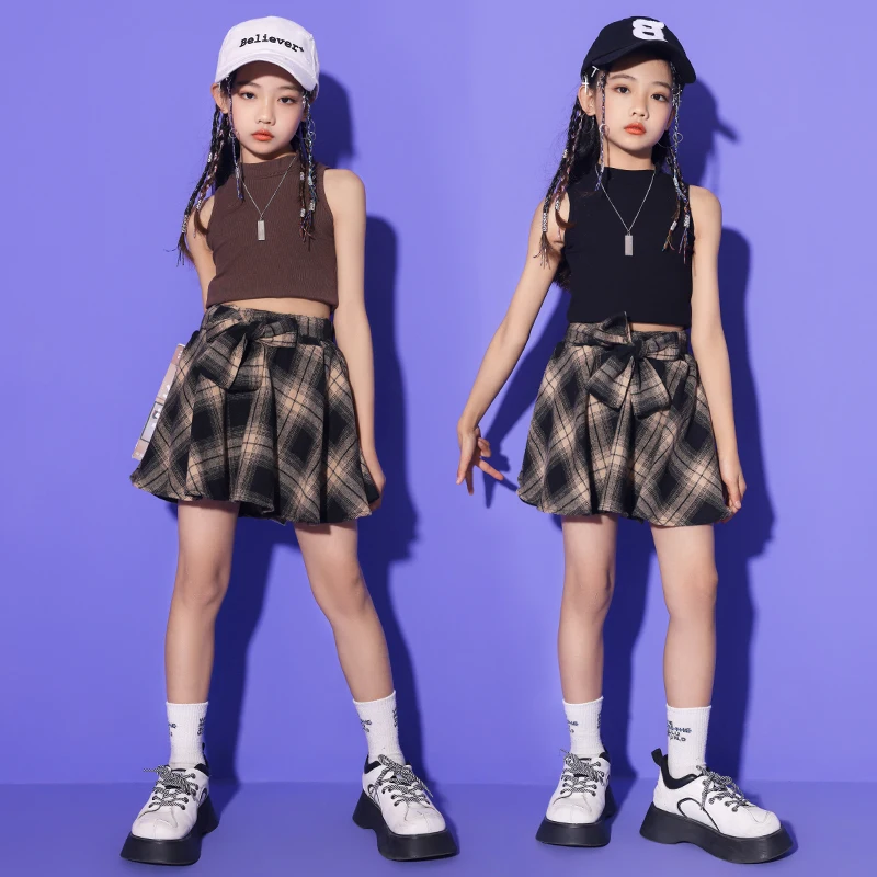 Kids Performance Hiphop Kleding Crop Tank Vest Geruite Shorts Rok Voor Meisjes Tiener Jazz Kpop Dance Kostuums Kleding