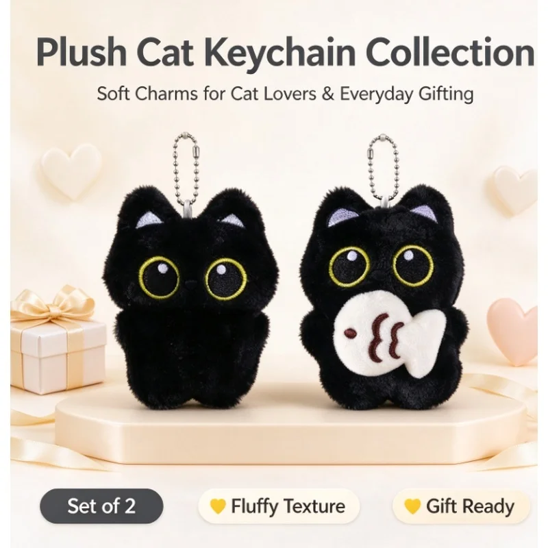 1Pc Cute Black Cat Plush Doll Keychain, Kawaii Bag Pendant Charms Car Keyring Accessories, Christmas Stocking Stuffers, Holiday
