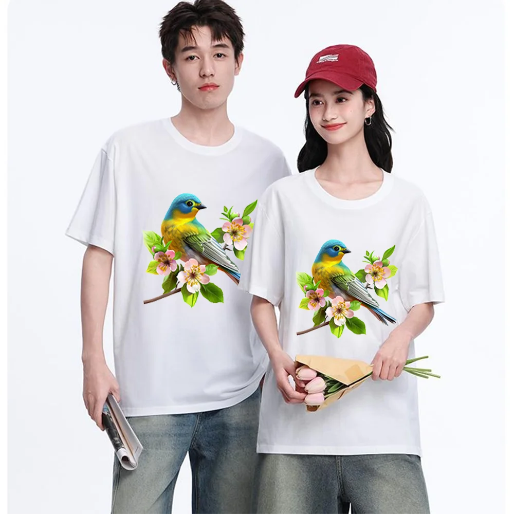 Colorful Bird And Pink Flower Printed T Shirt Breathable Fabric S-XXL Personalized Custom Casual Short Sleeve Tee Aesthetic Grap