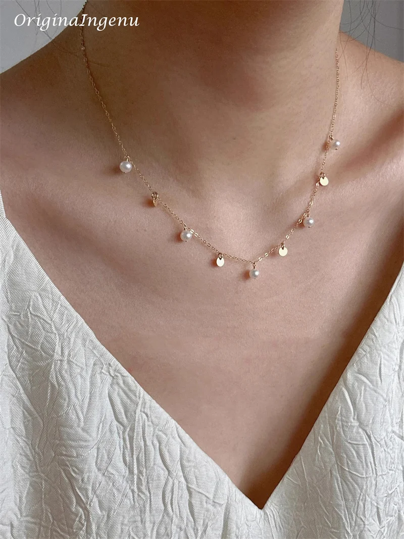 

Ожерелье с монетами из 14-каратного золота для женщин, изящное колье ручной работы с жемчугом, устойчивое к потускнению, гипоаллергенные ювелирные изделия