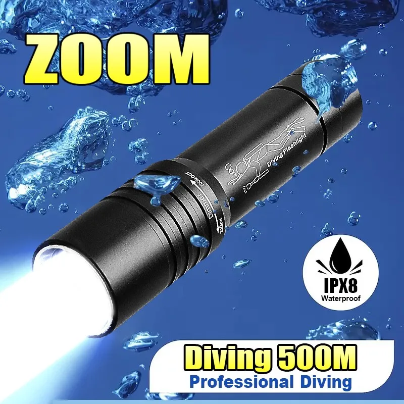 Powerful Professional Diving Flashlight Zoom 500M Underwater Torch High Power LED Flashlight IPX8 Waterproof Scuba Dive Lantern