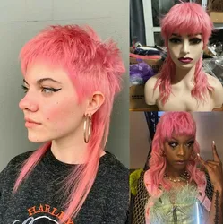 Fashion Pink Mullet  With Bangs Women Short Wave Curly  Party Wig Layered