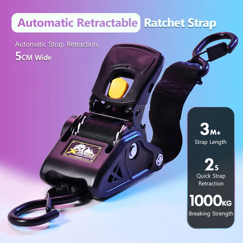 Heavy Duty Automatic Retractable Ratchet Strap 3.3m Quick Release Tie Down Belt 680kg Buckle S-Hook for Motorcycle Cargo Trailer