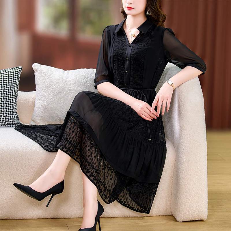 

2023 Summer New Silk Black Flower Embroidered Dress Women's Silk Polo Neck Short Sleeve Large Slim Sexy Knee Length Dress