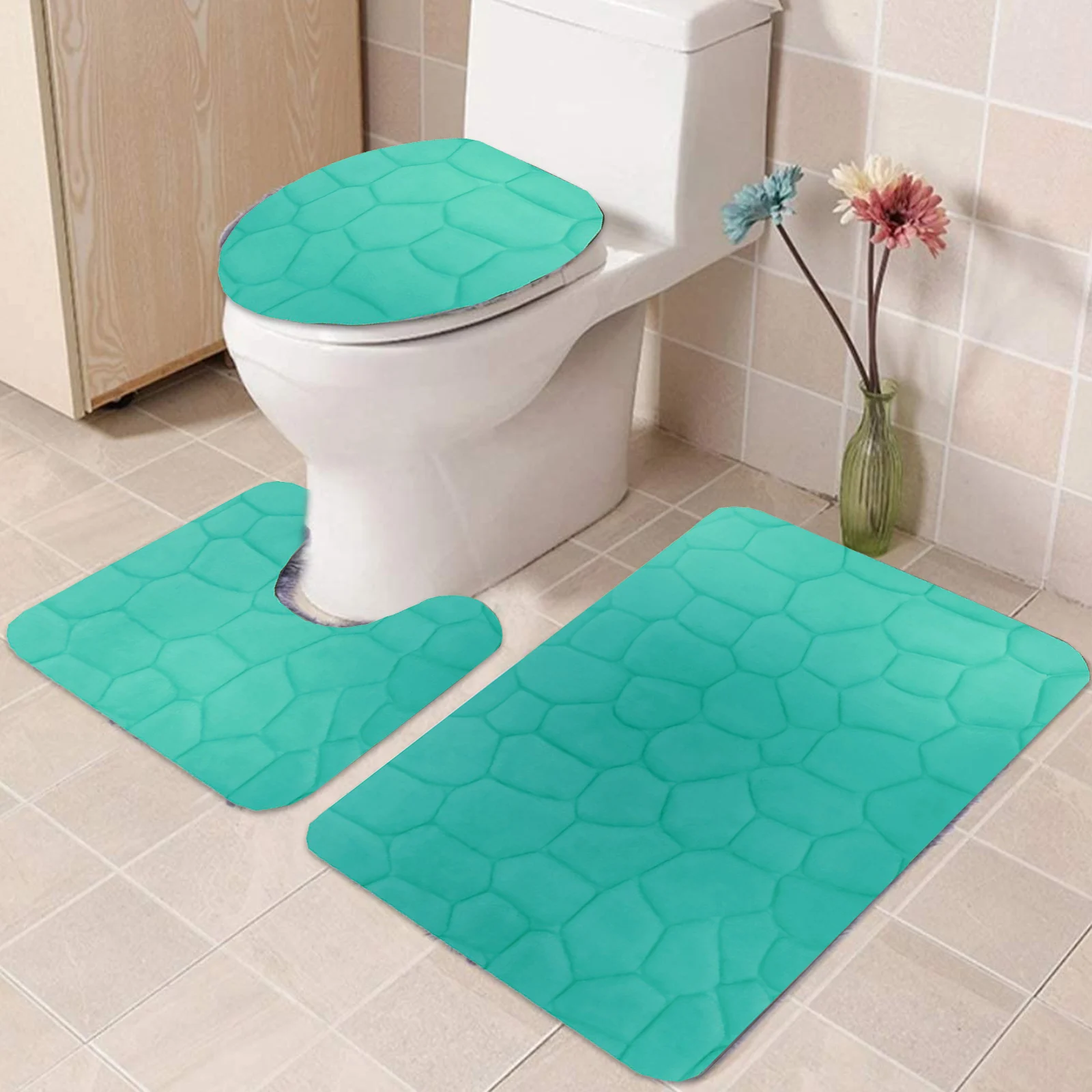 3 Piece Rock Memory Foam Bathroom Mat Set Flannel Embossed Rug Mat Toilet Lid Cover 19 Rug for Bathroom Floor Large