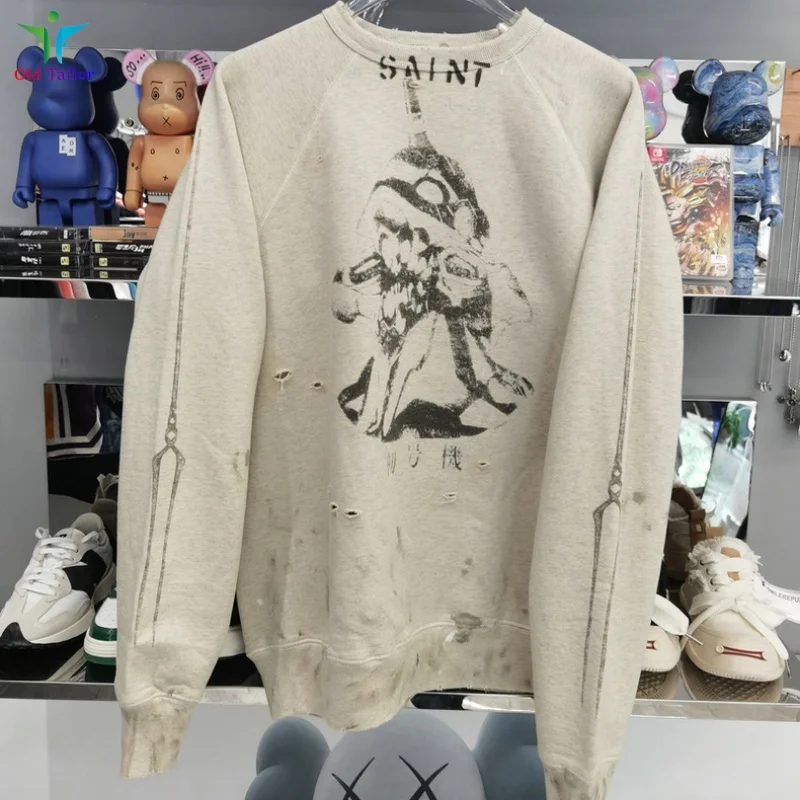 

SAINT Flower Grey Retro Sweatshirt Unisex Fashionable High-end Distressed Round Neck Trendy Autumn Winter Sportswear Pullover