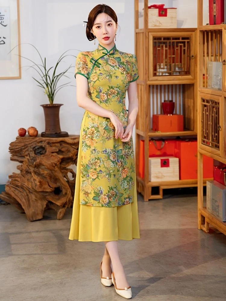 2025 oriental classical beauty improved qipao temperament printing fairy vietnam aodai set mandarin collar elegant chiffon dress