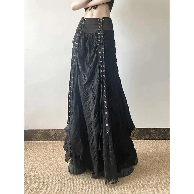 MEXZT Y2K Spitze Mesh Langen Rock Frauen Harajuku Vintage Patchwork Verband Schwarz Röcke Gothic Ästhetischen Hohe Taille Chic Faldas Neue