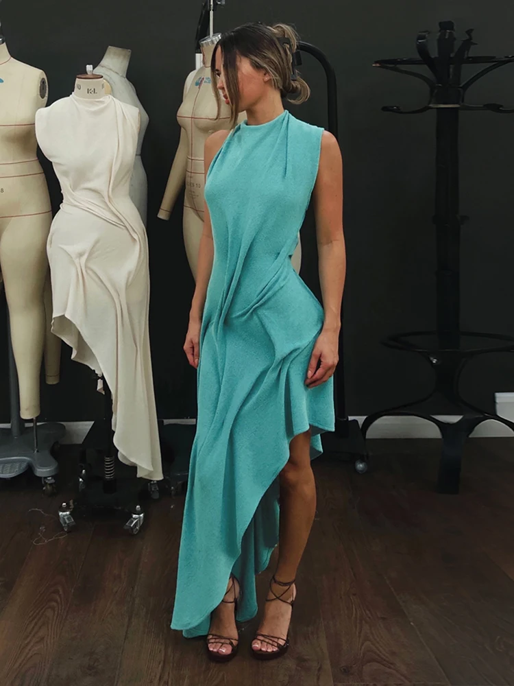 Sisterlinda Trend Mode Sexy Langes Kleid Damen Rückenfrei O-Ausschnitt Ärmellos Unregelmäßiger Saum Urlaub Gerafftes Elegantes Kleid – Detail 23