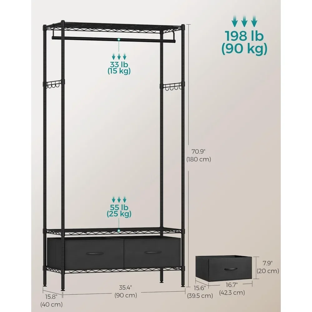 Guarda-roupa, guarda-roupa portátil resistente, cabide com rack de malha, suporte de guarda-roupa autônomo, 2 gavetas de tecido, trilho, ganchos