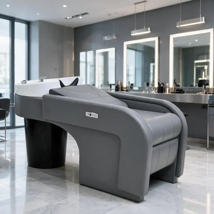 Luxury grey electric shampoo bed with ceramic basin, professional salon shampoo table, integrated base recliner