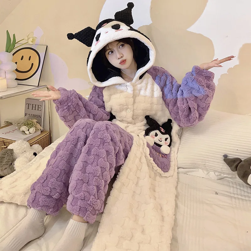 2Pcs Sanrios Long Style Kuromi Pajamas Woman Anime Cartoon Kawaii My Melody Cinnamoroll Winter Velvet Thickening Loungewear Set