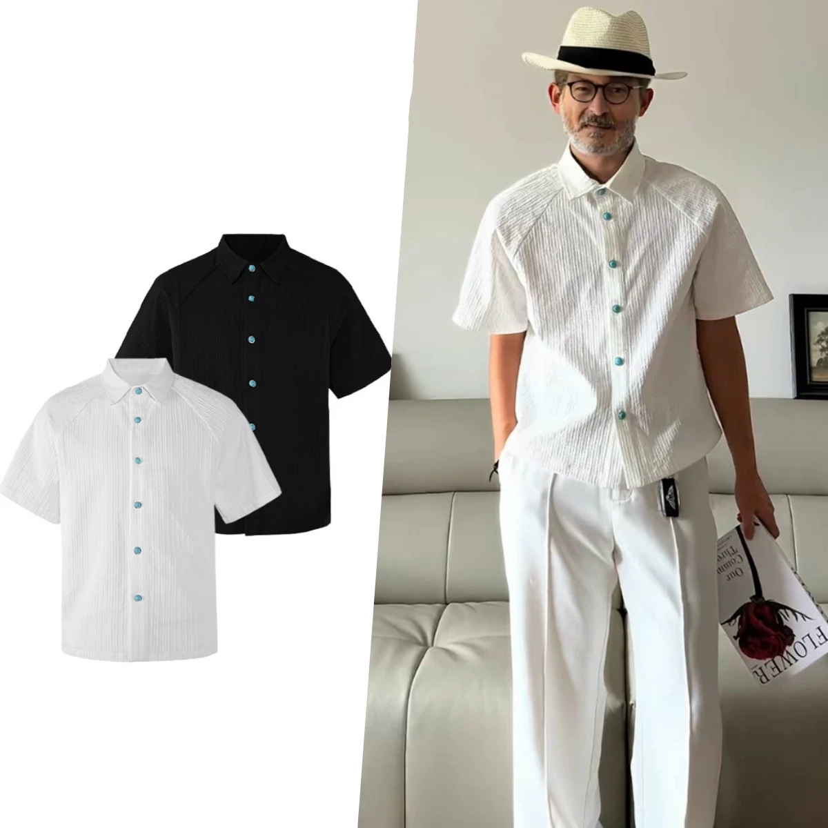 men's shirts Short sleeved shirt with turquoise buttons cool and breathable shirt Men's clothing