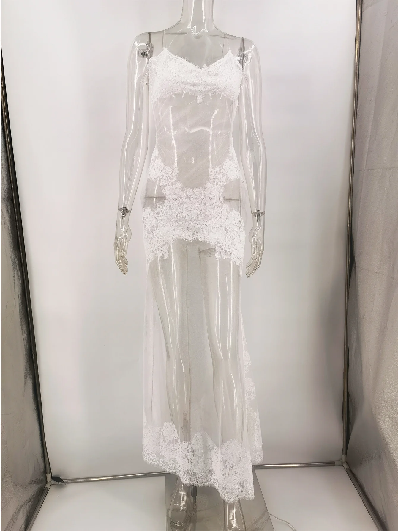 Abito estivo maxi in pizzo trasparente trasparente da donna, abito da festa di compleanno da club senza schienale di lusso, abiti da sera lunghi da donna