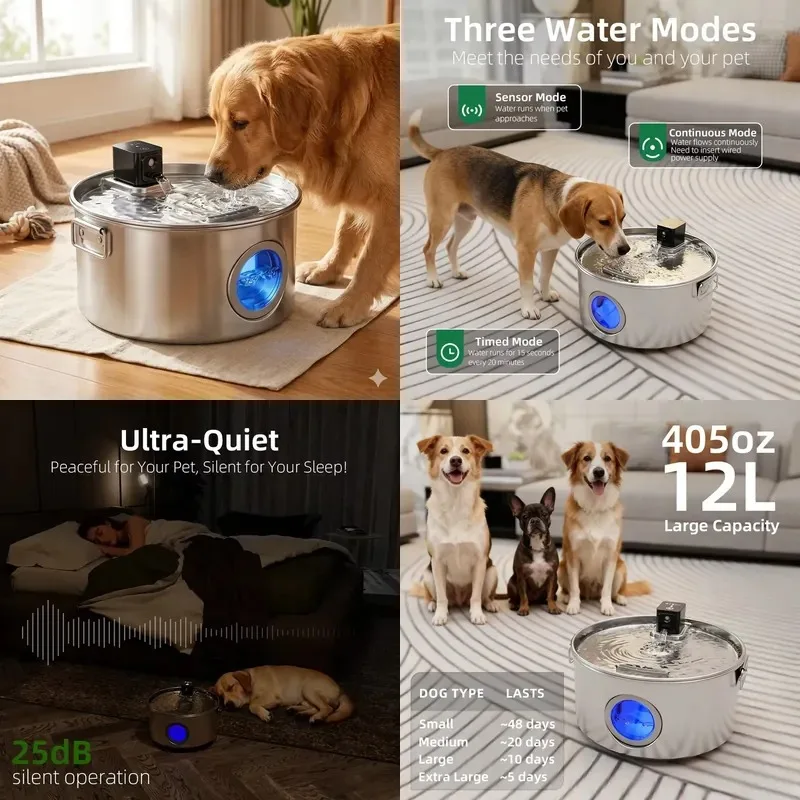 Ultra Quiet 12L Pet Water Dispenser Filtered 304 Stainless Steel Automatic Dog Wireless Intelligent Induction
