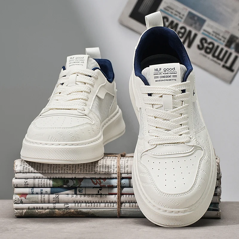 

Men's Spring Fashionable Korean Style Casual Sports Shoes Leather Surface Thick Bottom Heightening White Sneakers