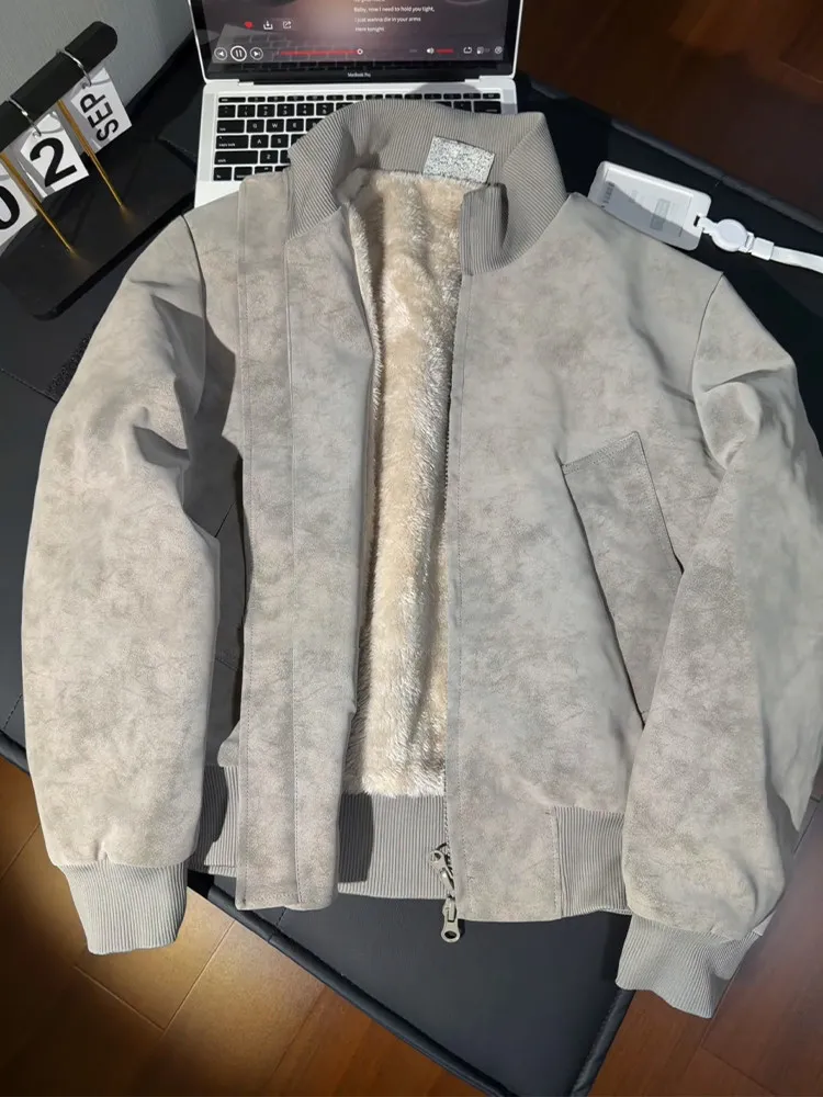 Trendy Brand Men's Short Stand Collar Jacket Dyed Cotton Lamb Velvet Inner Shoulder Width Baseball Style Outerwear Coat