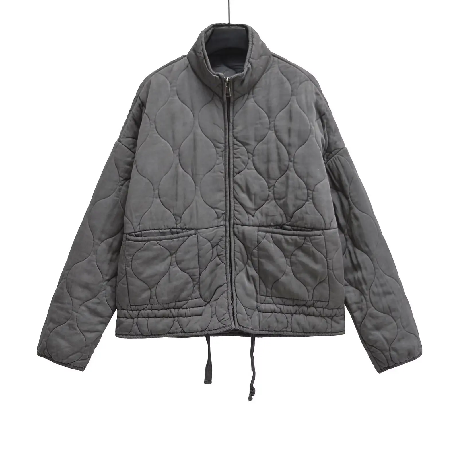 New Women's Fashion Casual Loose Simple Short Cotton Jacket Gray Zip-Up Jacket Stand Collar Pattern Drawstring Hem Pockets 97O5