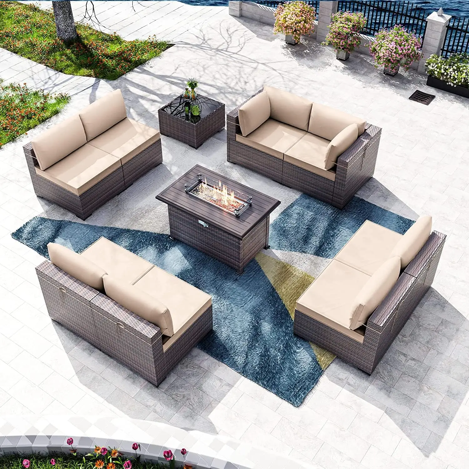 

10 Pieces Outdoor Patio Furniture Set with 43" Gas Propane Fire Pit Table PE Wicker Rattan Sectional Sofa Patio Sets,Sand