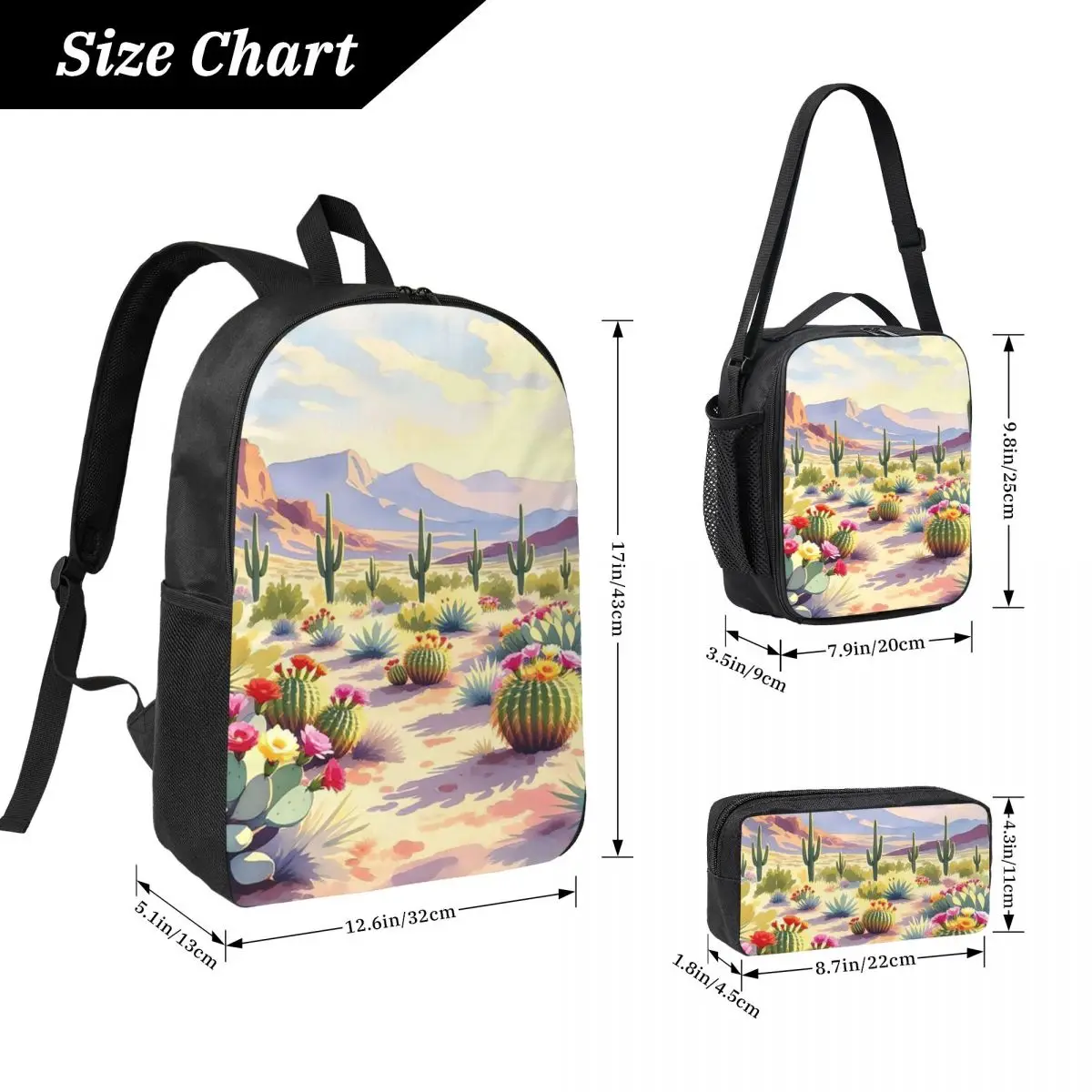 Cactus And Flower Desert Scenery Backpack Kids BookBag School Bag Computer Shoulder Bags 3ps Insulated Lunch Bag Pencil Case