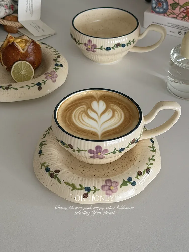 High End Matte Relief Vertical Pattern Dudu Cup Plate, Retro Hand-painted Flower Vine Ceramic Afternoon Tea Coffee Cup Plate